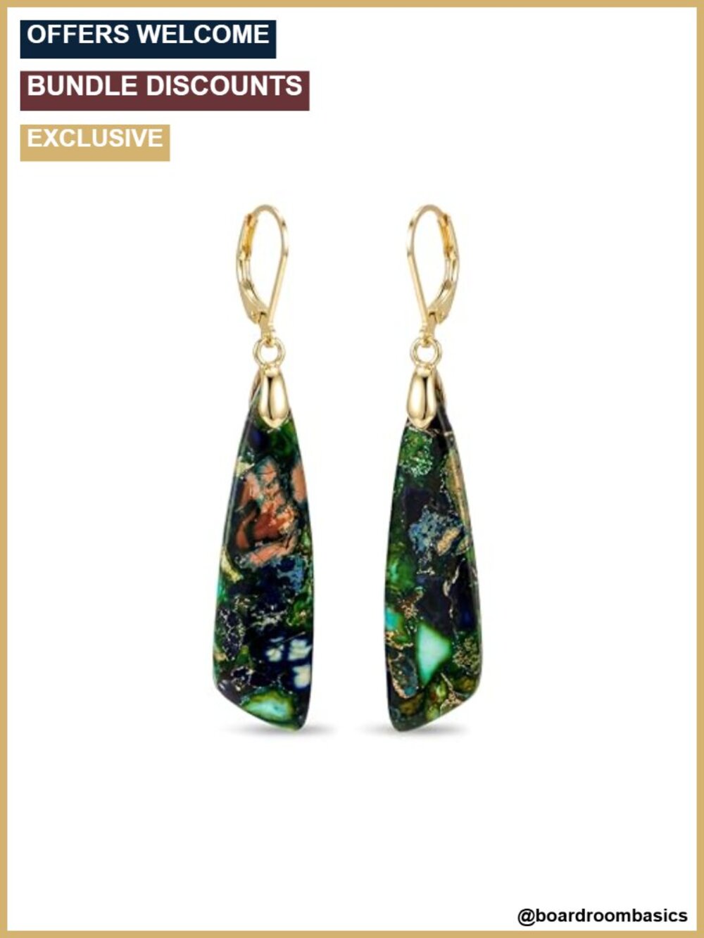 Natural Stone Triangle Dangle Drop Earrings 14K Gold Plated Lightweight Boho